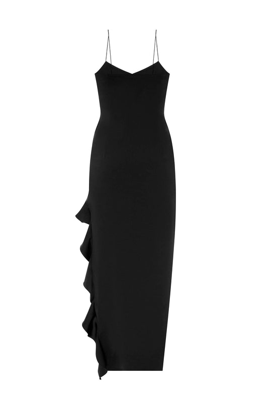 Black elegant midi dress with ruffles
